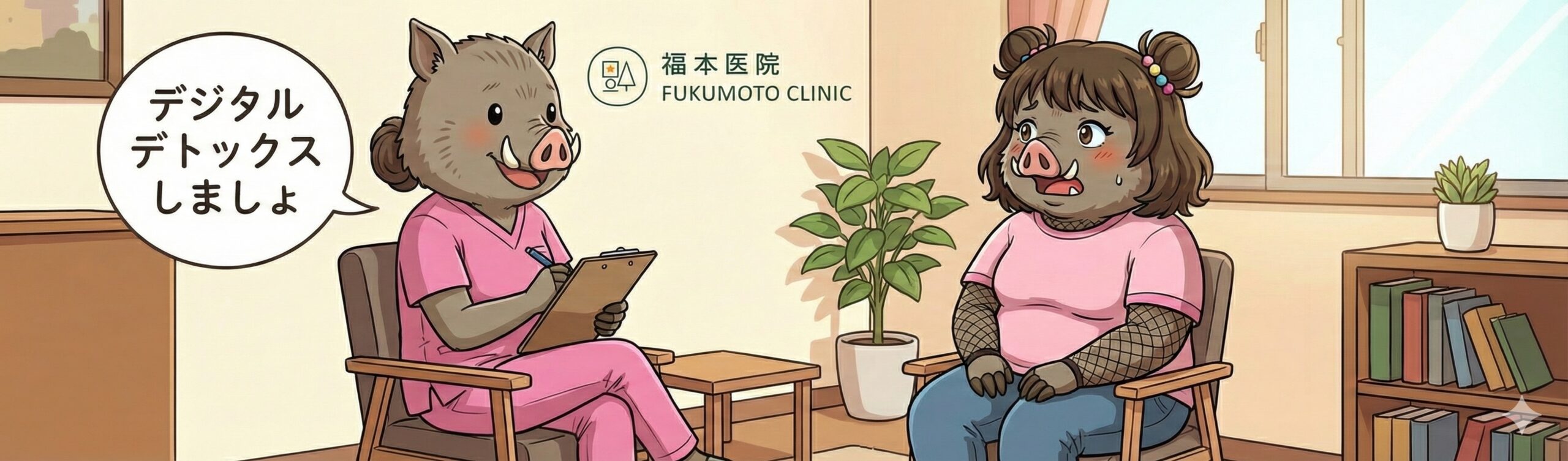 福本医院の診察室で、看護師のいのかさんがいののさんに「デジタルデトックスしましょ」とアドバイスをしているイラスト。