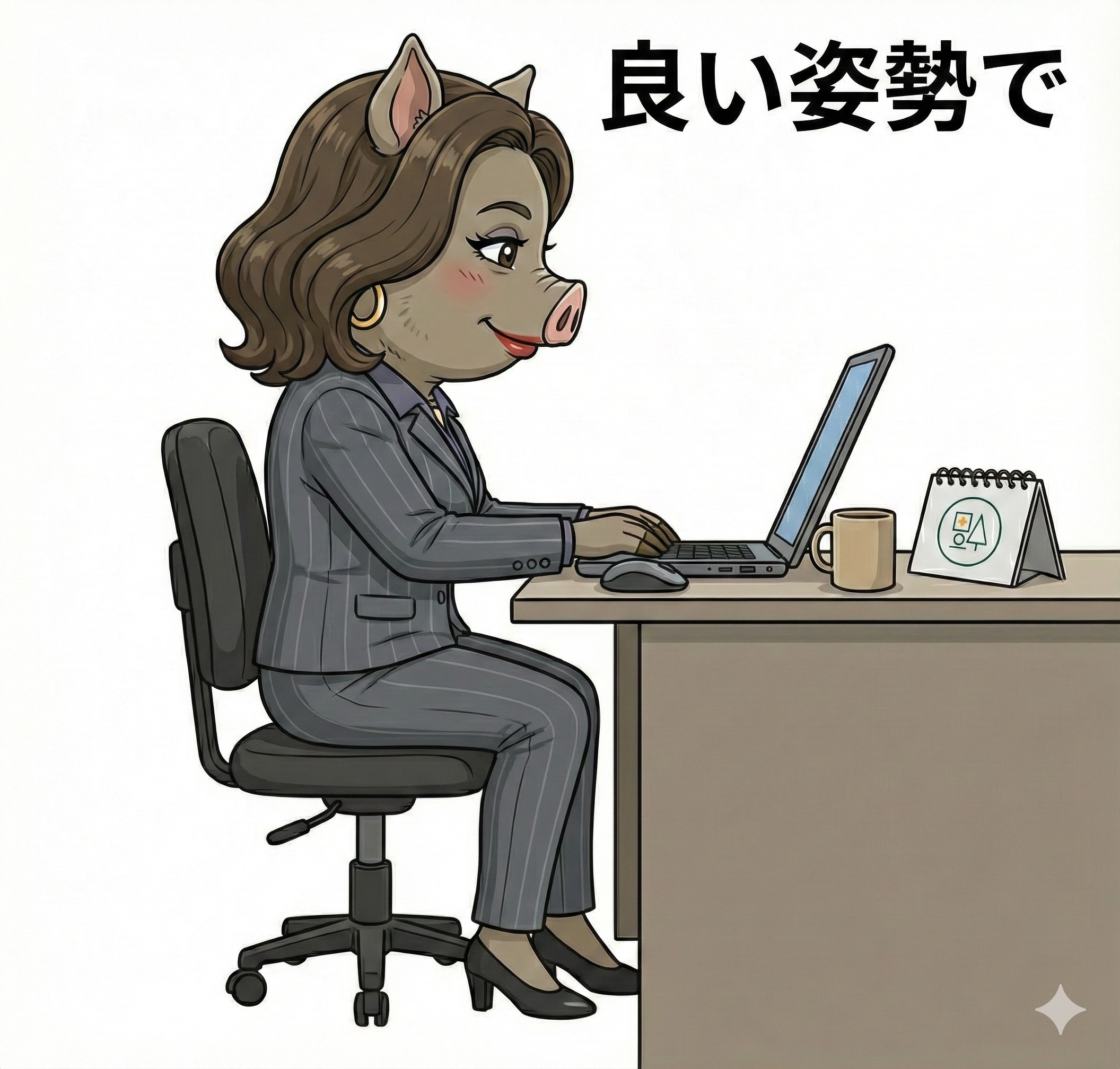 いのの母が背筋を伸ばした良い姿勢でパソコン作業をしており、笑顔を浮かべているイラスト。右上に「良い姿勢で」という文字が書かれている。