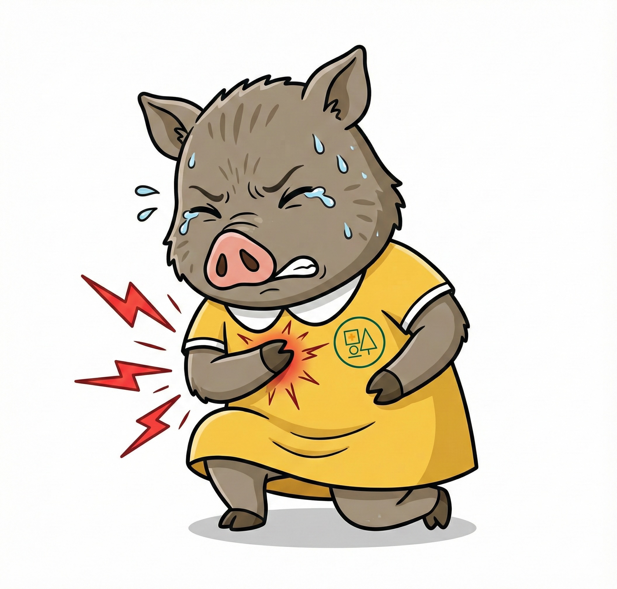 福本医院公式キャラクター「いの子さん」が、涙と冷や汗を流しながらうずくまり、左胸の激しい痛みに耐えている様子を示すイラスト。