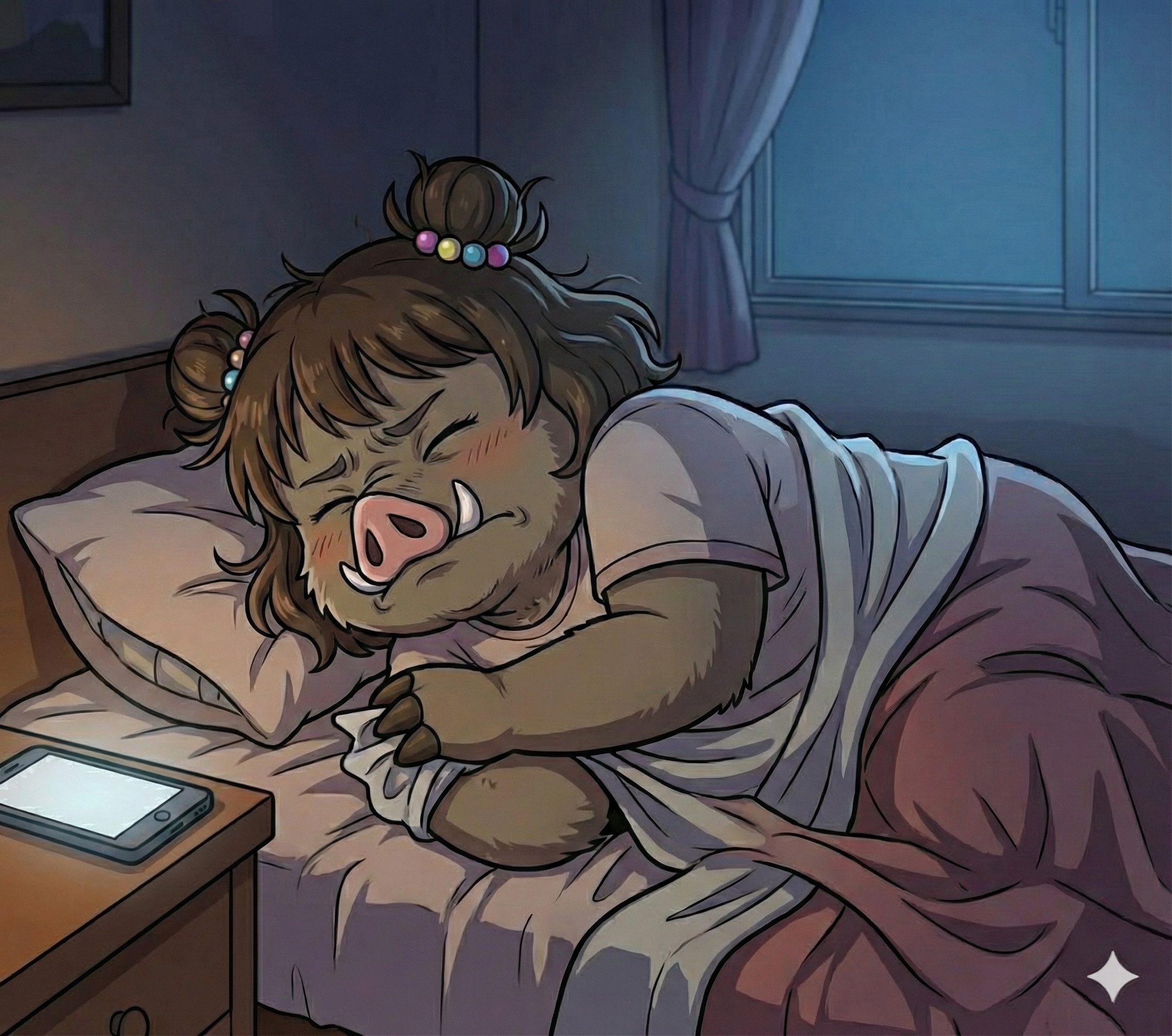 ベッドで眠りが浅く、少し顔をしかめて眠る福本医院公式キャラクター「いののさん」のイラスト。枕元のテーブルには光るスマートフォンが置かれている。