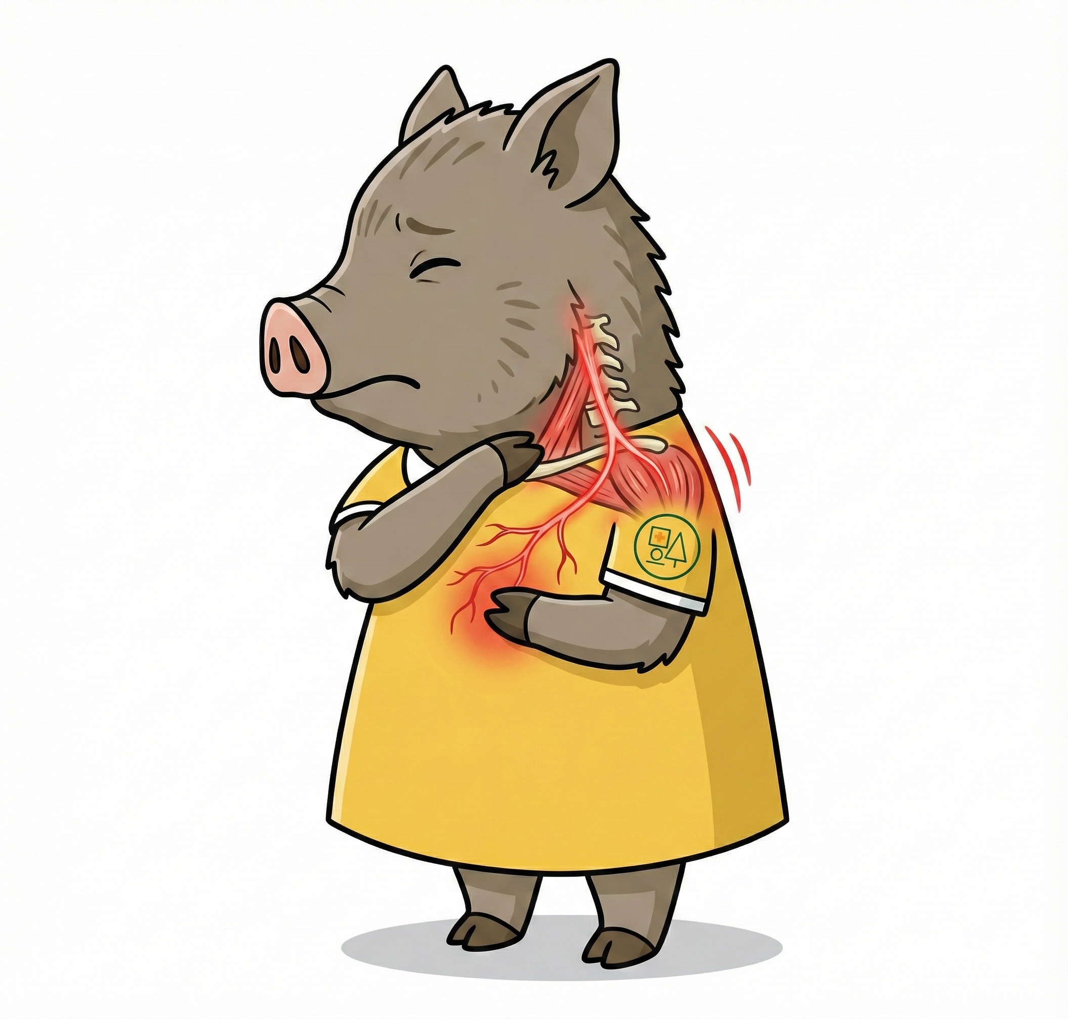 福本医院のキャラクター「いの子さん」のイラストを用いて、左側の首・肩の筋肉のコリから神経を介して左胸に痛みが伝わる「関連痛」の仕組みを、赤く発光する筋肉と神経の図で解説している。