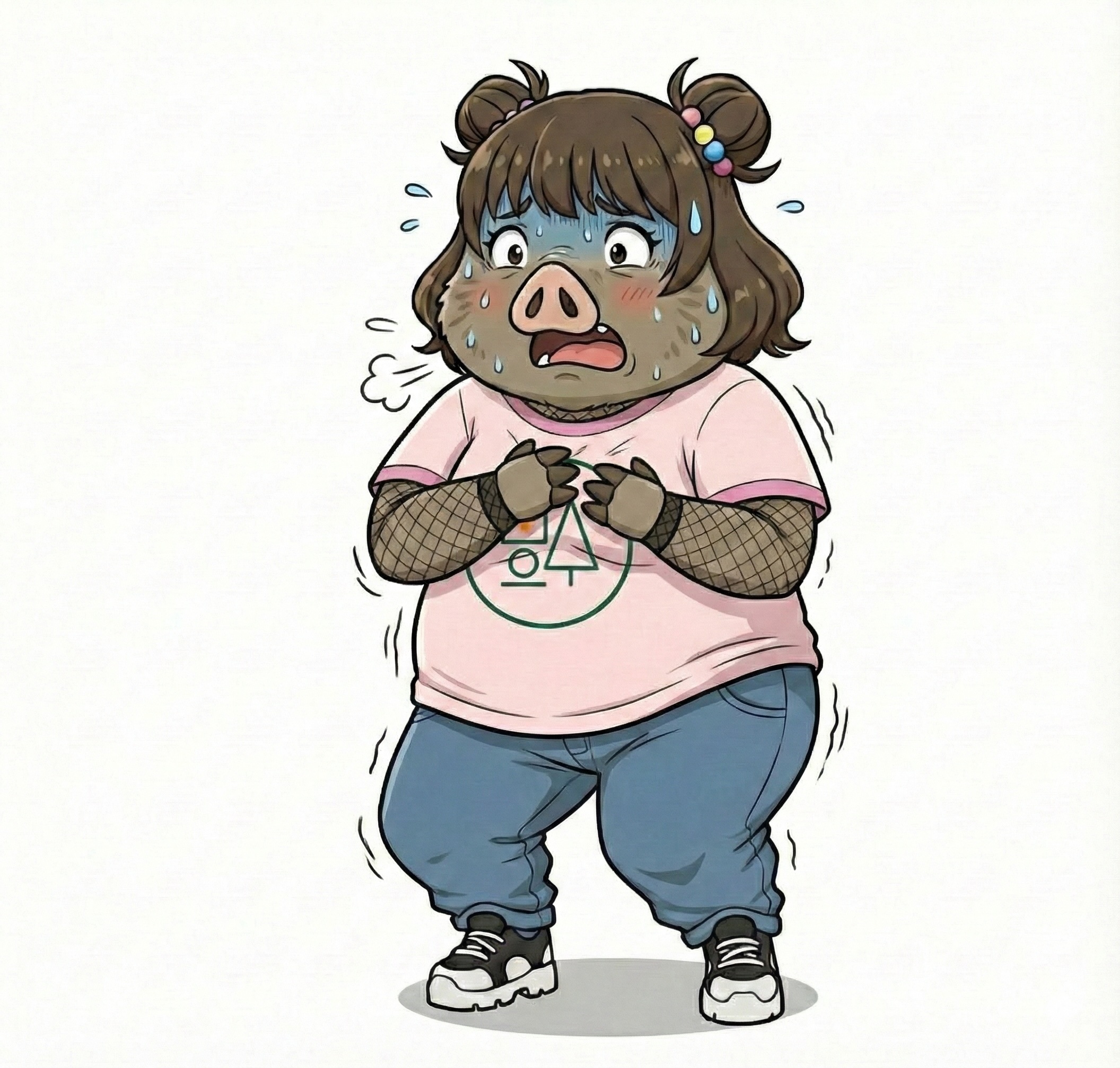 胸を押さえて苦しそうにややしゃがみ込む、福本医院のキャラクター「いののさん」のイラスト。顔面は青ざめ、冷や汗を流して息苦しそうにしている。