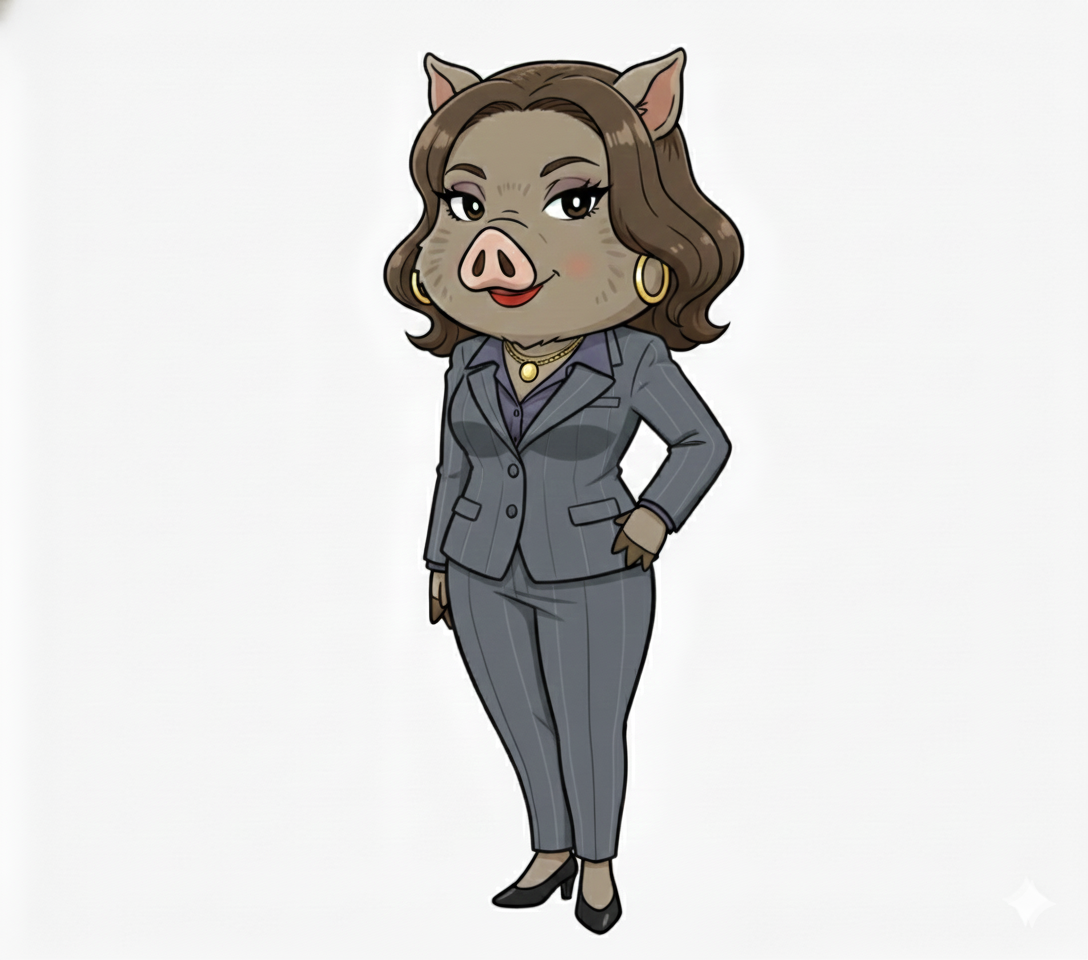 福本医院の公式キャラクター「いのの母」。グレーのストライプスーツを着て、腰に手を当てて自信ありげに微笑んでいる、おしゃれなイノシシの女性。