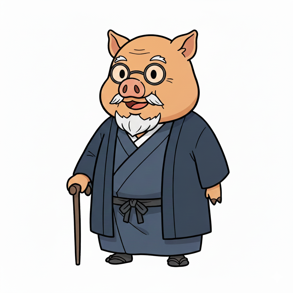 福本医院の公式キャラクター「いのじい」。杖をつき、眼鏡をかけて和服を着ている、穏やかな表情のイノシシのおじいさん。