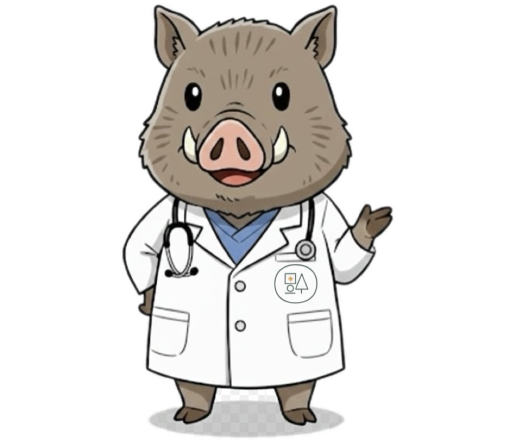 福本医院の公式キャラクター「いの吉先生」。白衣を着て聴診器を首にかけ、左手を挙げて案内しているイノシシのドクター。