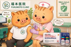 福本医院の診察室で、公式キャラクターのリリー看護師が公式キャラクターのいのぱぱにシングリックス（帯状疱疹ワクチン）を左上腕へ接種している様子を描いた2Dイラスト。福本医院のロゴとシングリックス製剤が表示されている。