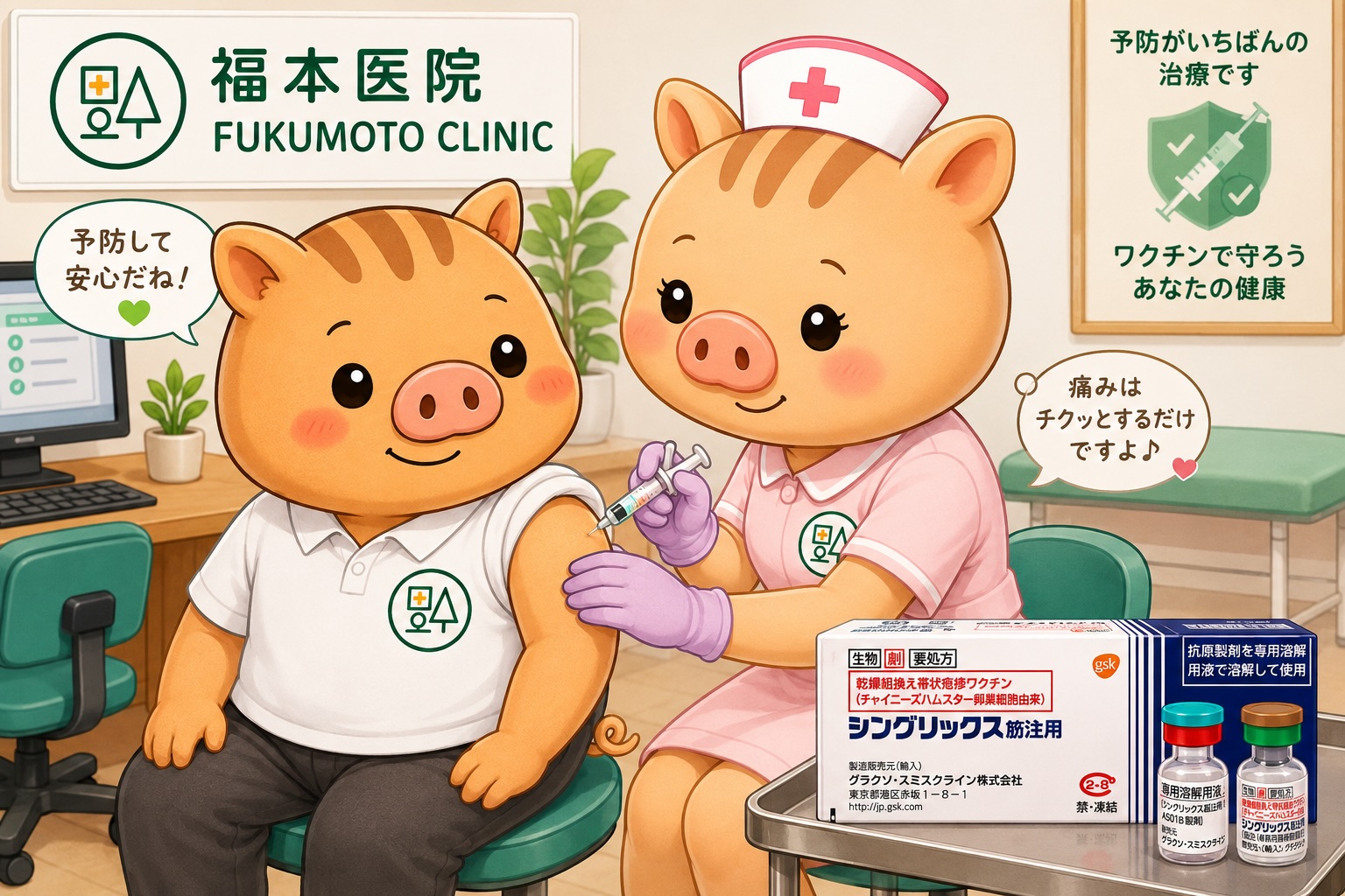 福本医院の診察室で、公式キャラクターのリリー看護師が公式キャラクターのいのぱぱにシングリックス(帯状疱疹ワクチン)を左上腕へ接種している様子を描いた2Dイラスト。福本医院のロゴとシングリックス製剤が表示されている。