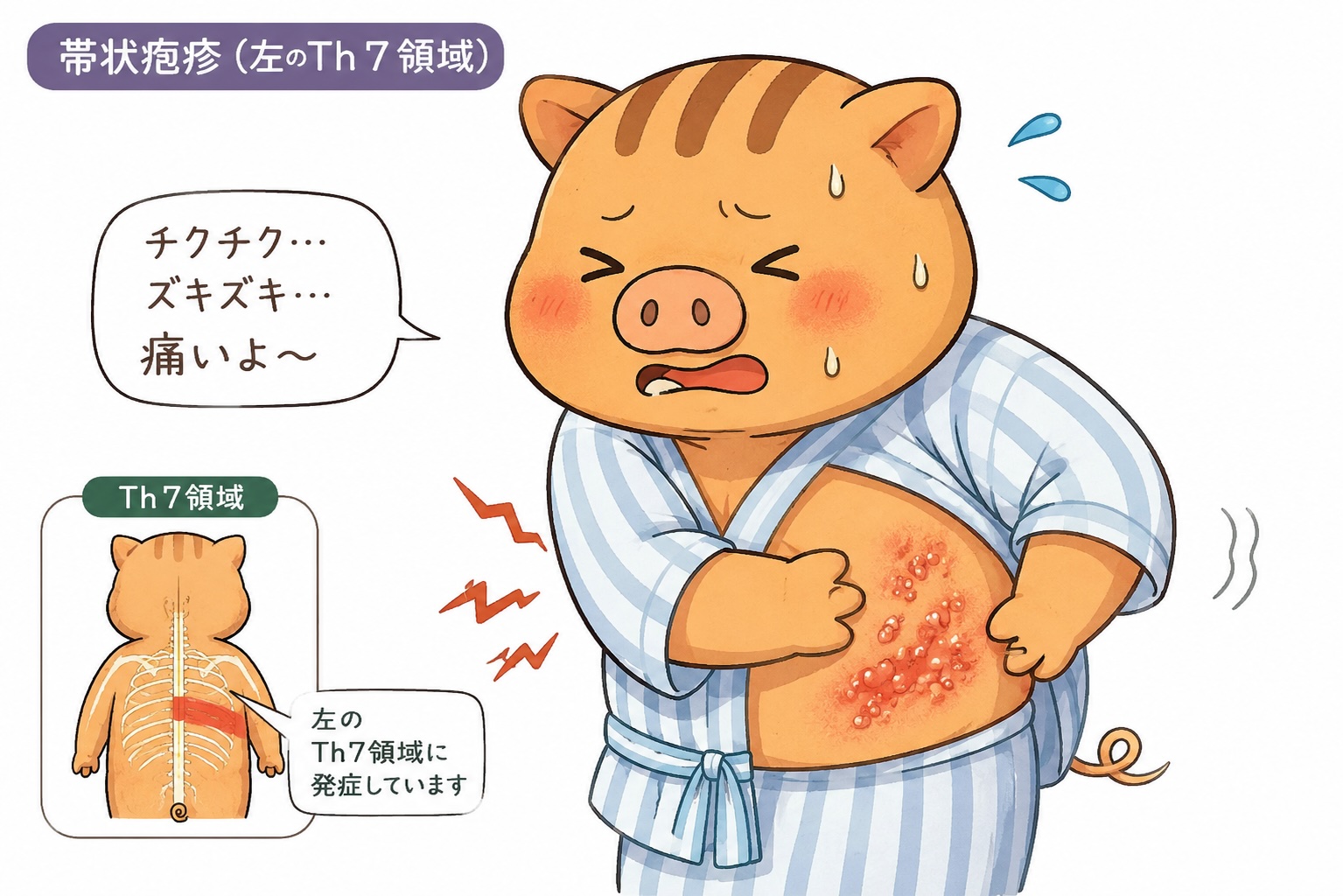 福本医院公式キャラクター「いのぱぱ」が左胸から背中にかけてのTh7領域に帯状疱疹を発症し、水疱を伴う発疹と強い痛みに苦しんでいる様子を示した2D医療イラスト。左Th7皮膚分節の位置を示す図解付き。