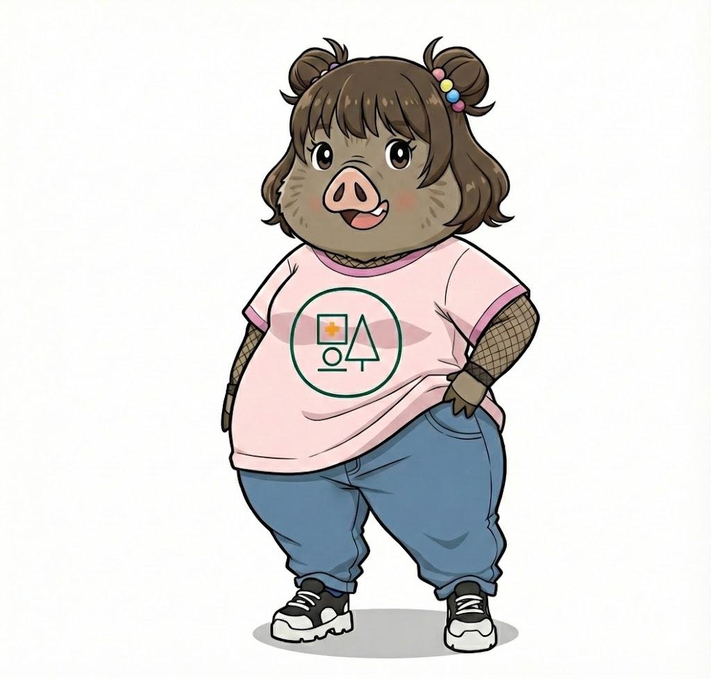 福本医院の公式キャラクター「いののさん」。福本医院のロゴが入ったピンク色のTシャツと青いジーンズを着て、笑顔で立っている少しぽっちゃりしたイノシシの女の子。