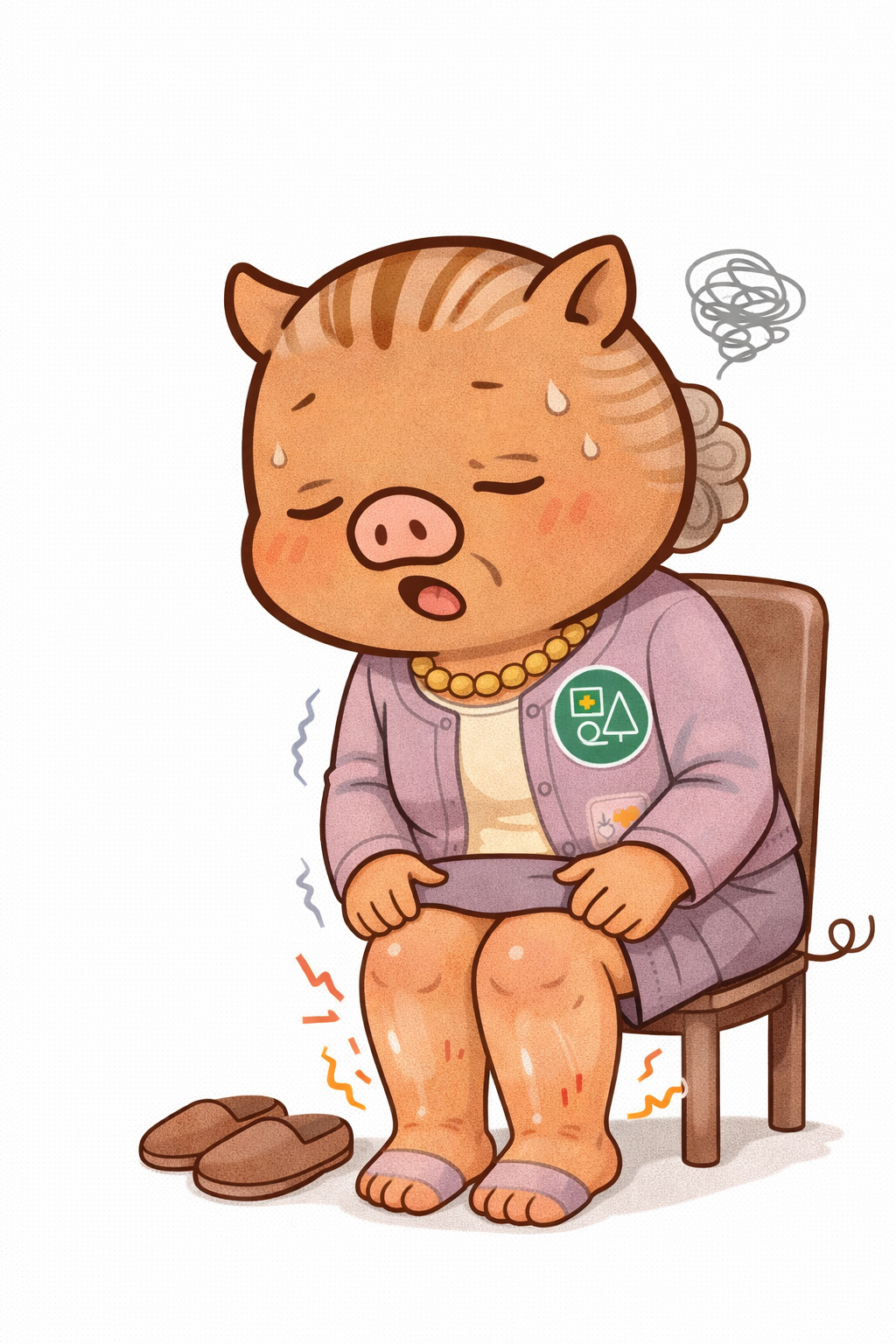 椅子に座り足のむくみとだるさを感じている福本医院公式キャラクター「いのばあ」（心不全の症状イメージ）