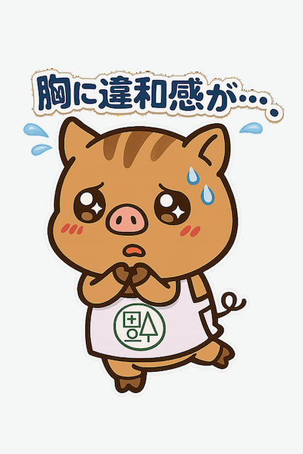 福本医院キャラクターが胸の違和感を訴えるイラスト|動悸や不整脈など心臓症状の説明