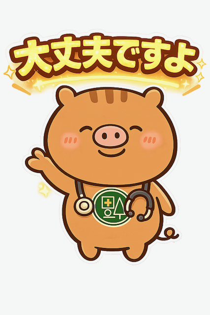 福本医院公式キャラクターのイノシシ「いのっち」が笑顔で手を上げて「大丈夫ですよ」と患者に声をかける医療イラスト