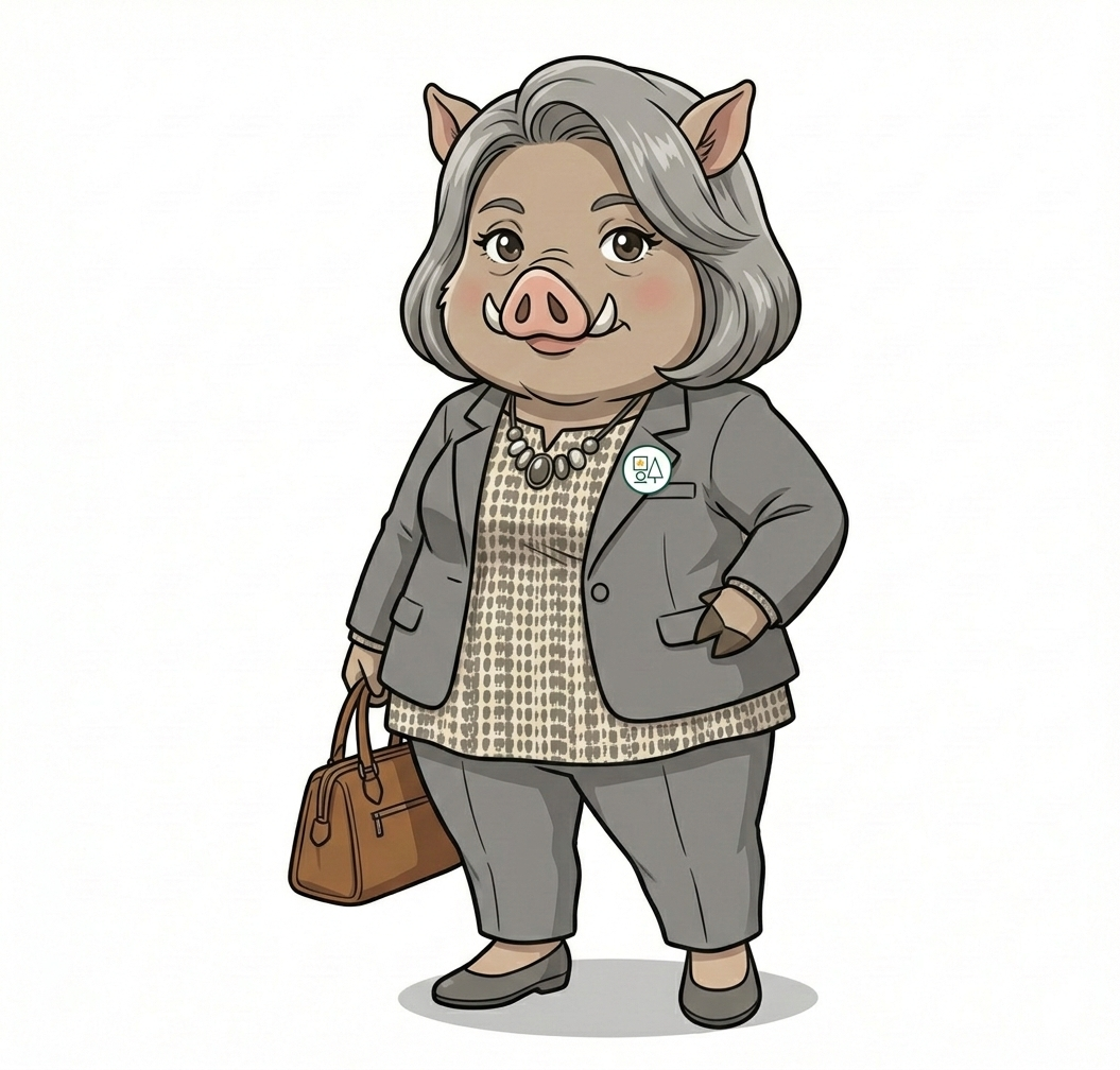 福本医院の公式キャラクター「いのみさん」。グレーのボブヘアで、エレガントな洋装を着て、ブラウンのハンドバッグを持ち、襟元にロゴピンバッジをつけた、ぽっちゃりした高齢のイノシシの女性。