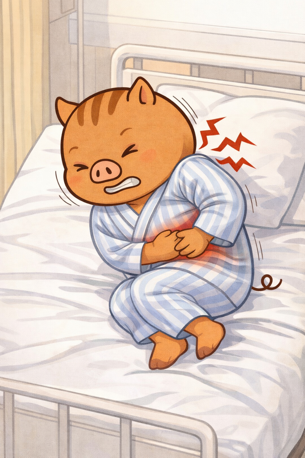 急性膵炎で腹痛と背中の痛みに苦しみ、病院のベッドで前屈みになって横になるいのぱぱのイラスト