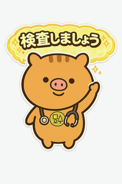 福本医院キャラクターふくぼ先生 検査しましょうと案内するイラスト 胸痛や心臓検査の説明