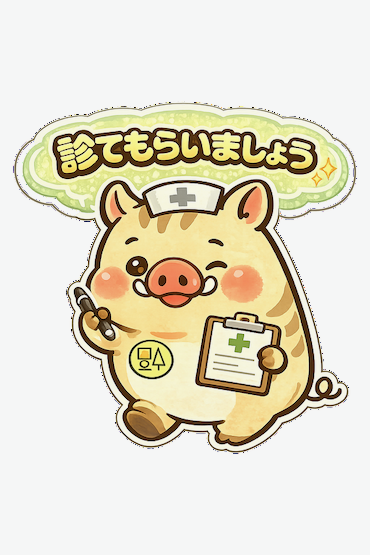 福本医院キャラクター「リリー看護師」が聴診器とカルテを持ち「診てもらいましょう」と受診をすすめるイラスト