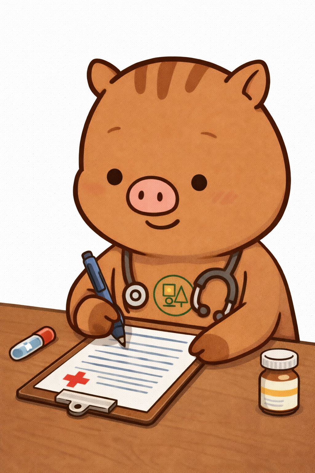 福本医院で診断書を作成している公式キャラクターふくぼ先生のイラスト