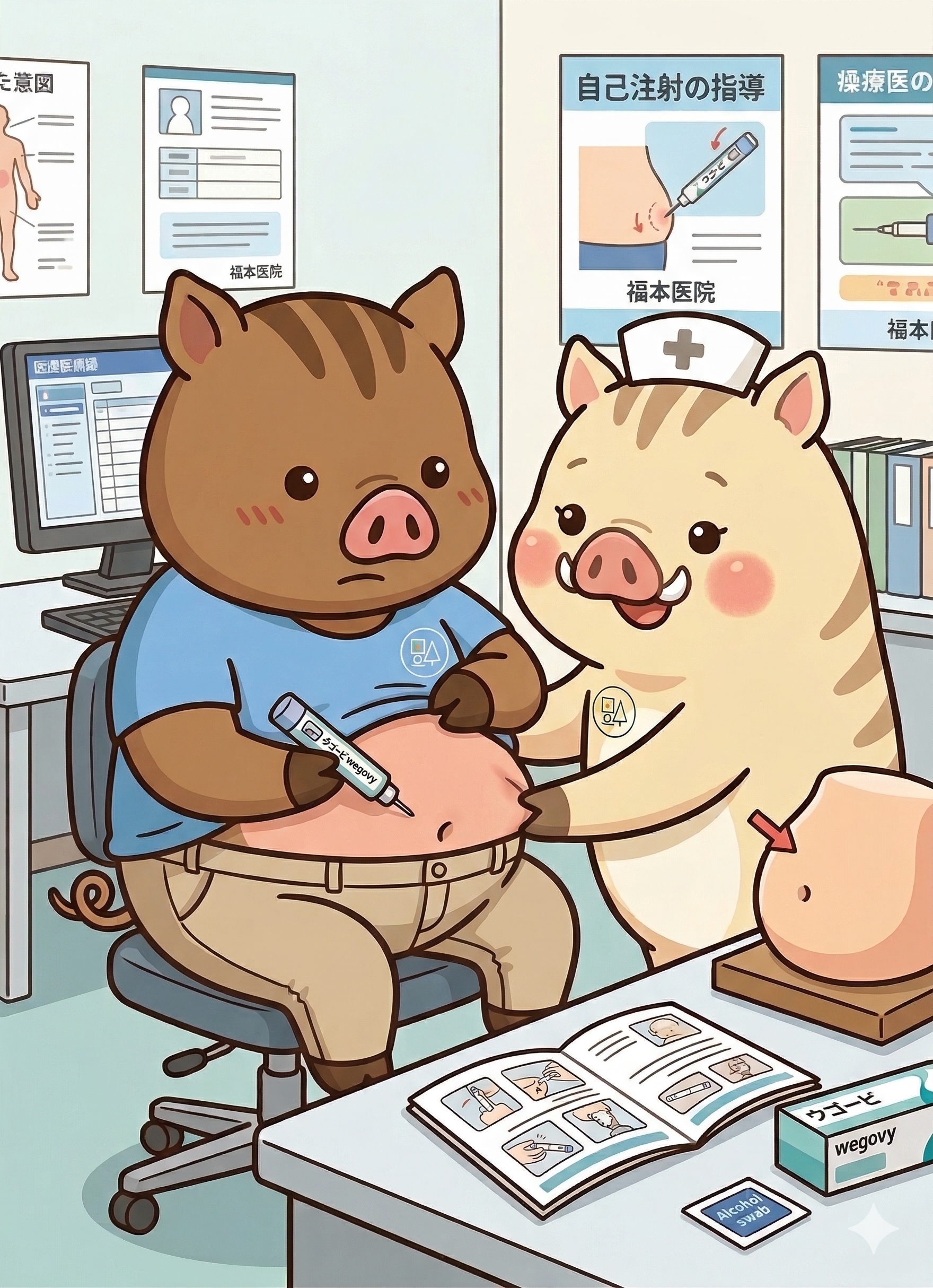 福本医院でGLP-1(ウゴービ)自己注射の指導を受けるいのぱぱのイラスト|肥満治療とダイエット医療のイメージ