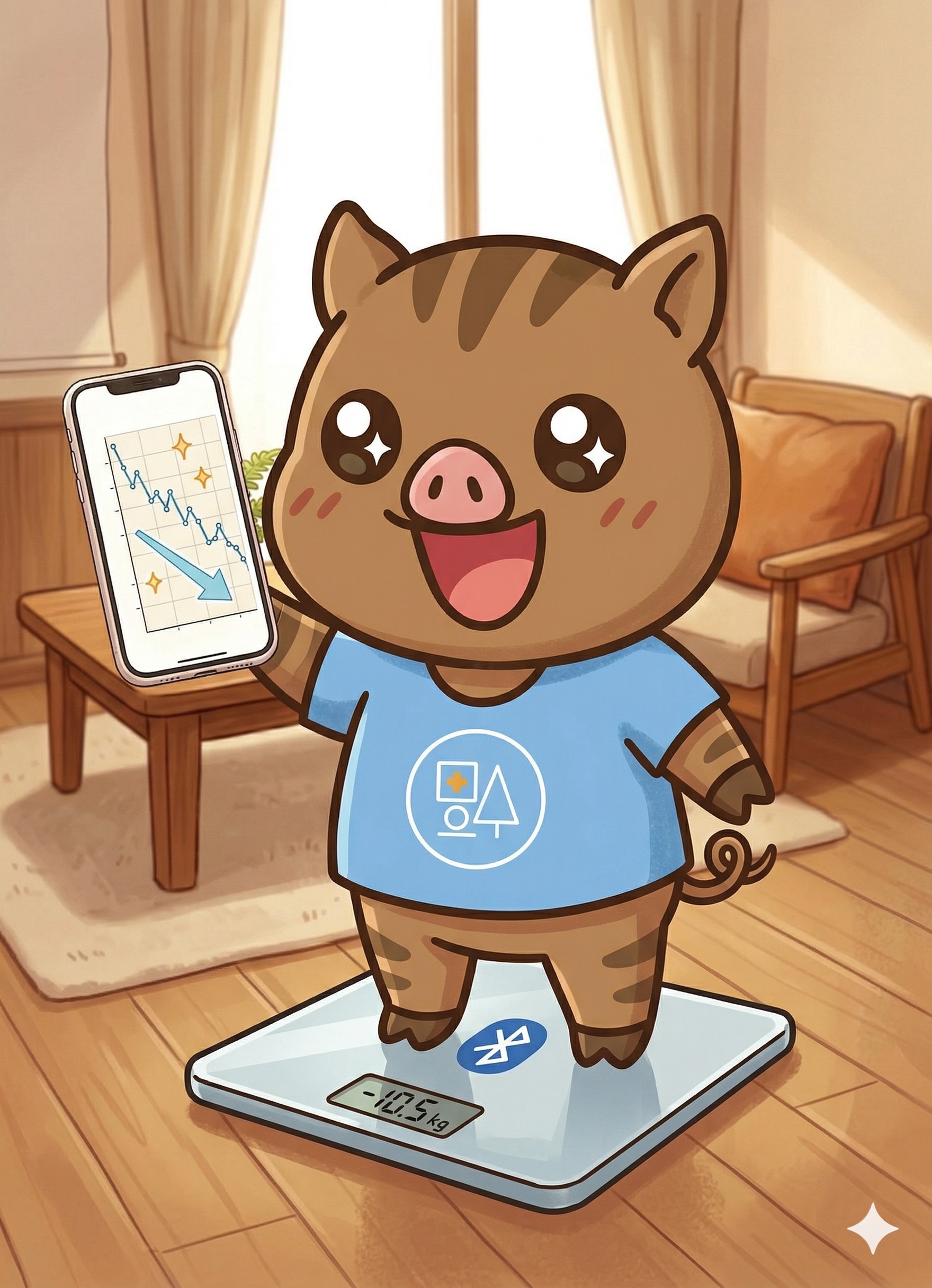 福本医院公式キャラクター「いのっち」がスマート体重計で体重を測定し、スマホで体重管理アプリのグラフを確認しているイラスト