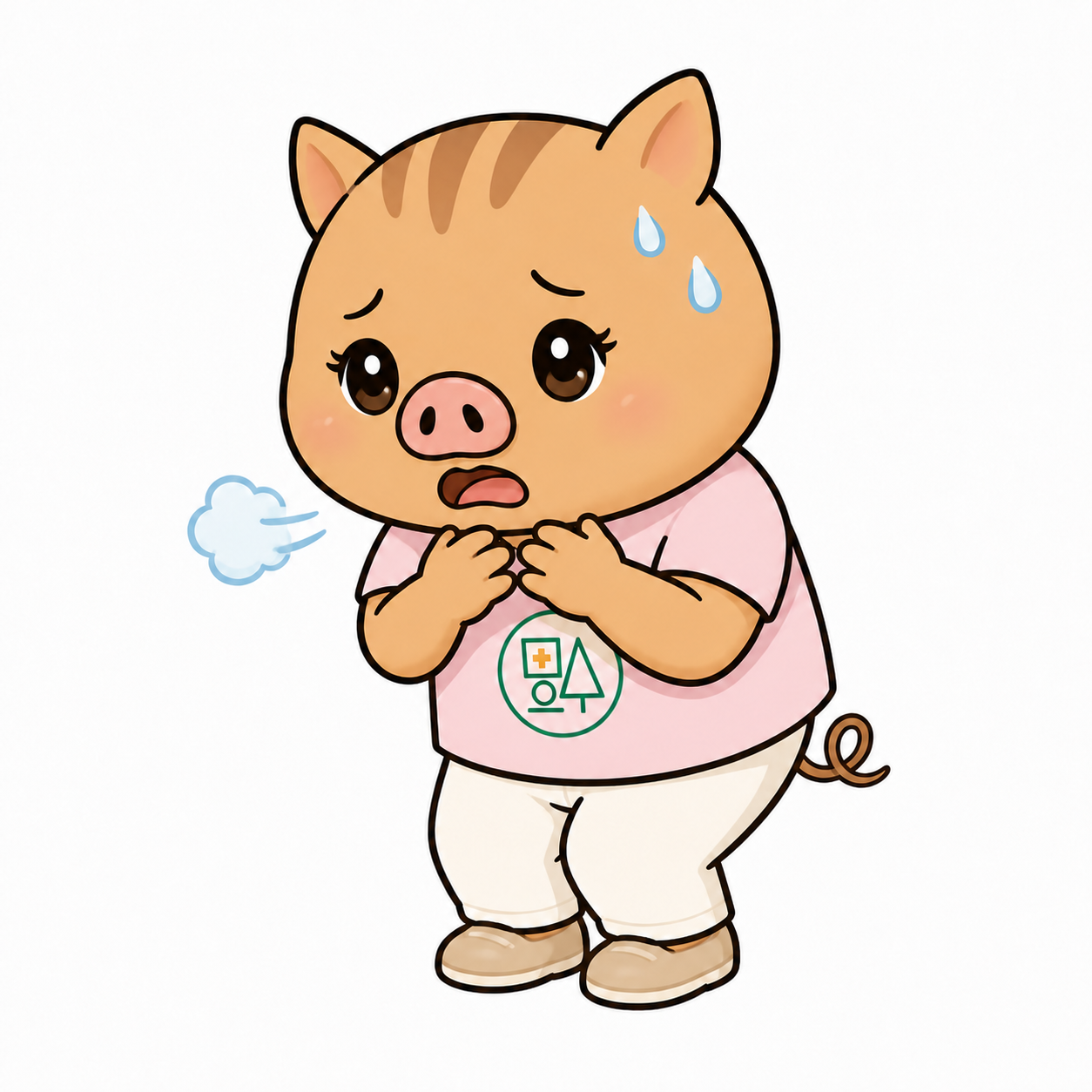 息苦しさを感じて前かがみになる福本医院公式キャラクター「いのねえ」