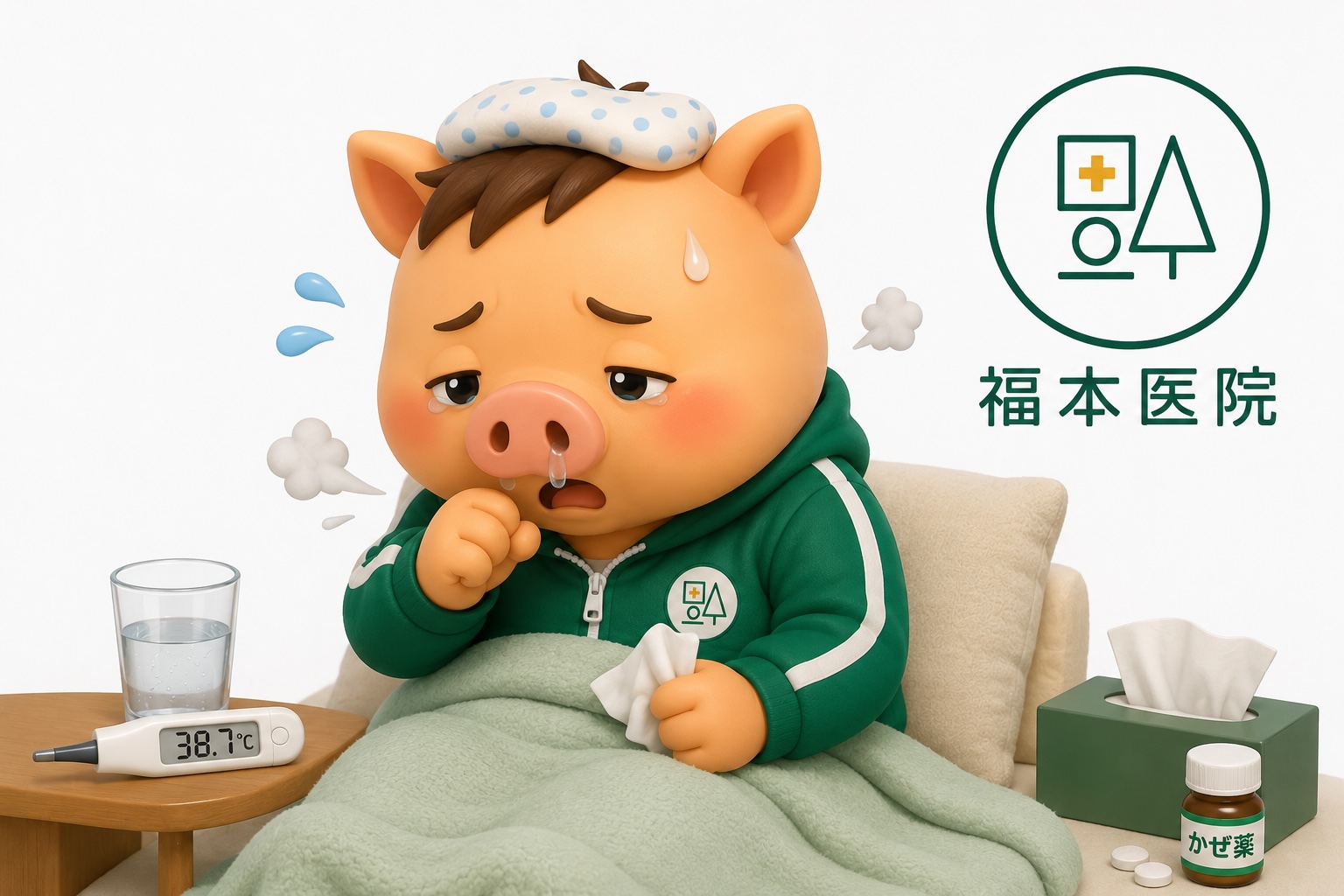 福本医院公式キャラクター「いのにい」が、38.7℃の発熱、鼻水、咳など風邪症状で体調を崩し、自宅で安静にしながら咳をしている様子を表したイラスト。