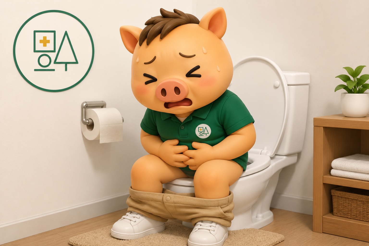 福本医院公式キャラクター「いのにい」が、嘔気と激しい下痢による急性胃腸炎を思わせる症状でトイレに座り、お腹を押さえて苦しんでいる様子を表したイラスト。