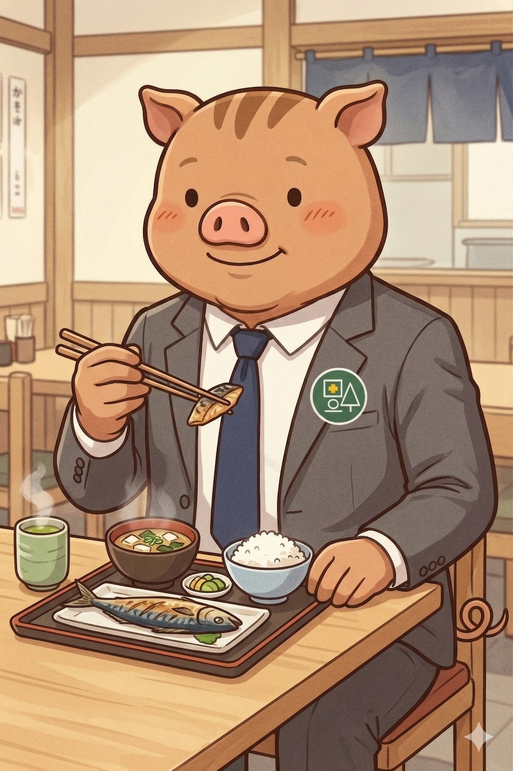 福本医院公式キャラクター「いのぱぱ」が焼き魚定食を食べているイラスト|バランスの良い食事によるダイエットのイメージ