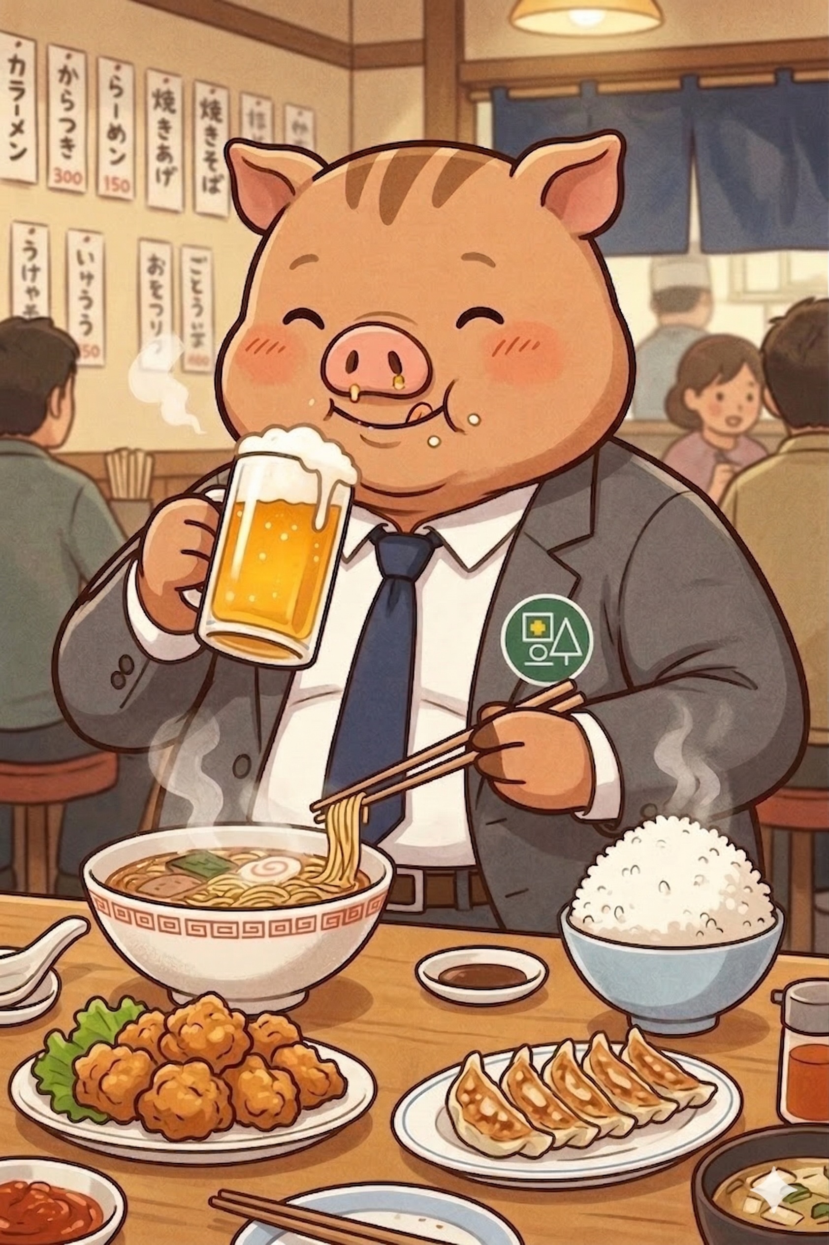 福本医院公式キャラクター「いのぱぱ」がラーメンや唐揚げ、餃子とビールを食べているイラスト|高カロリー食による体重増加のイメージ