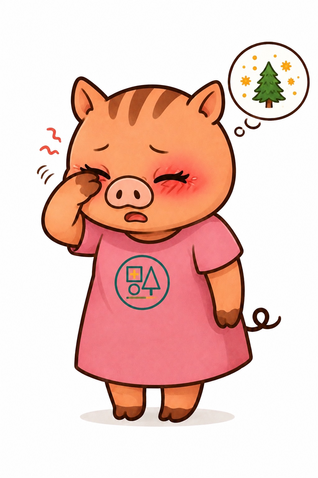 スギ花粉による花粉症で目のかゆみに苦しむ「いのねえ」のイラスト。ピンク色の服に福本医院ロゴマーク入り。右目をこすっており、右上にはスギ花粉を示すイラストが描かれている。