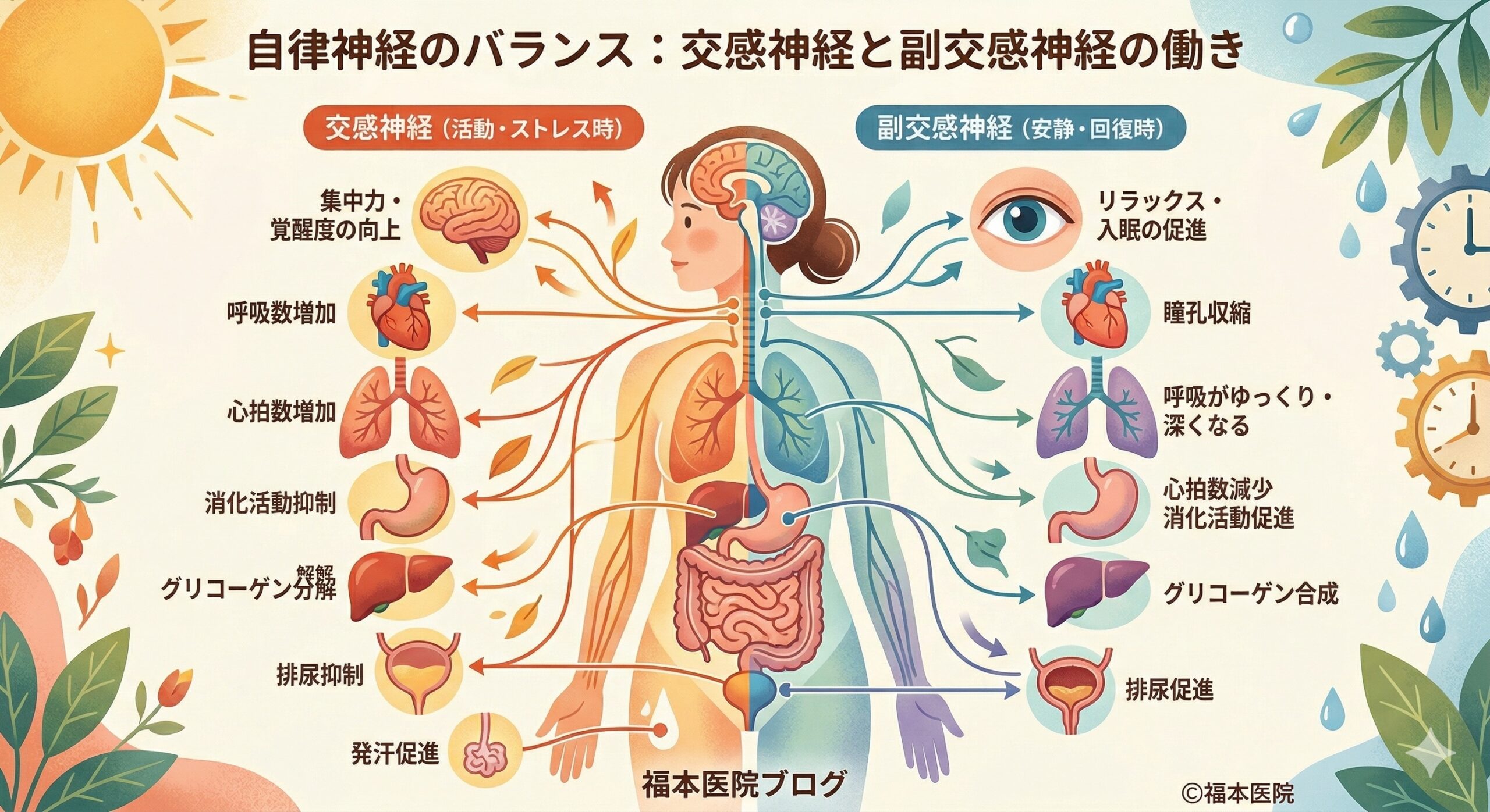 自律神経の働きを図解したイラスト。左側に活動・ストレス時に働く交感神経、右側に安静・回復時に働く副交感神経を配置し、心臓、肺、胃腸など各臓器への影響とバランスを比較しています。