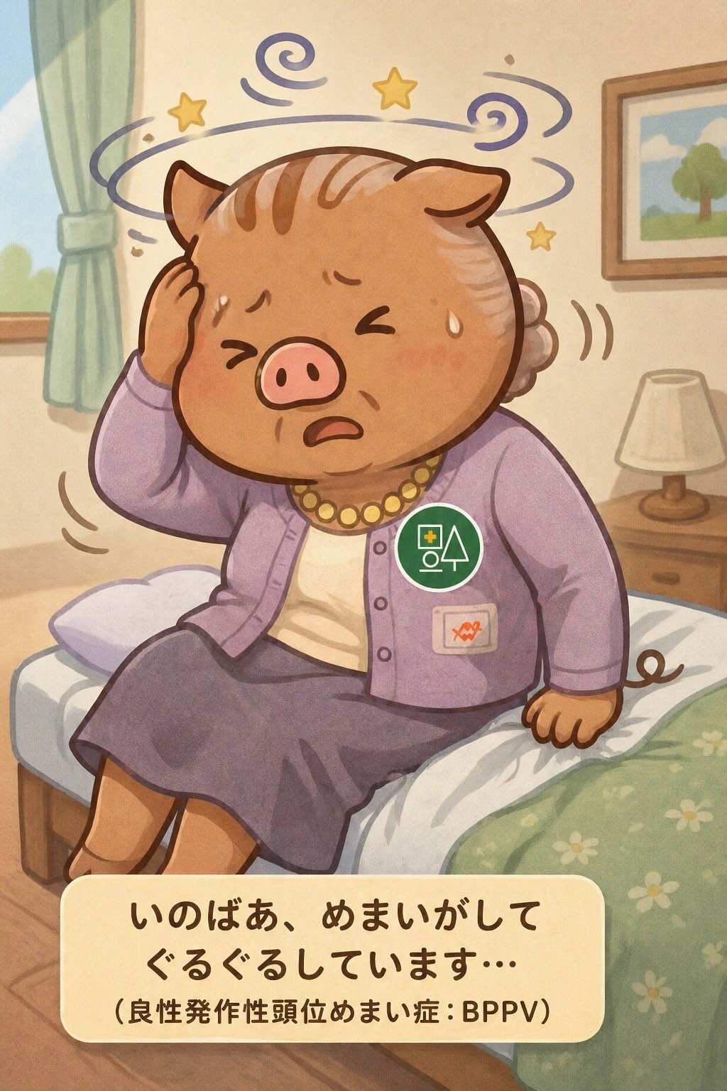 いのばあが良性発作性頭位めまい症（BPPV）による回転性めまいでぐるぐるしている様子のイラスト