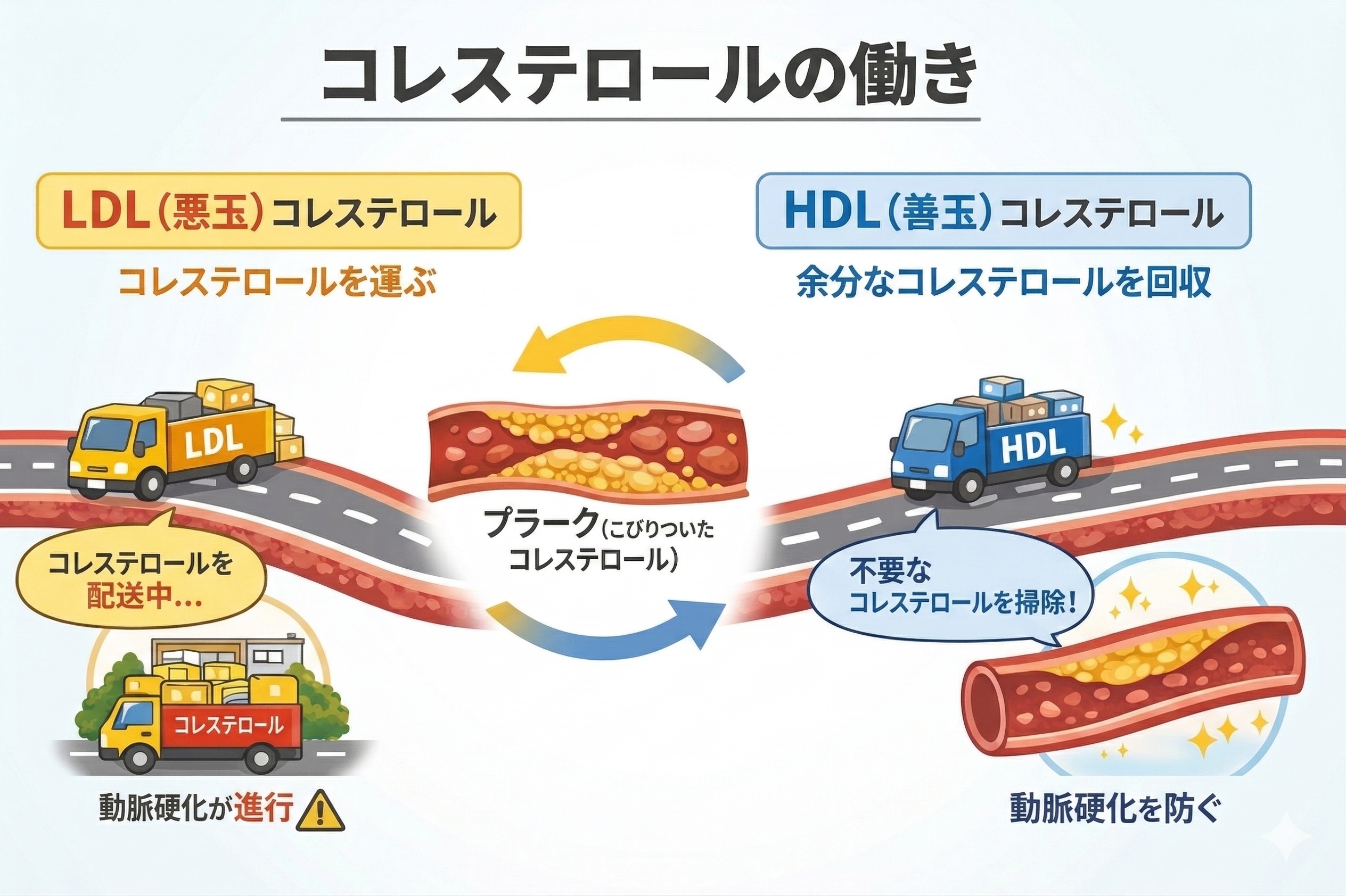 LDL(悪玉)コレステロールとHDL(善玉)コレステロールの働きをトラックの配送と回収に見立てて解説し、プラーク形成による動脈硬化の進行メカニズムを示した図解イラスト