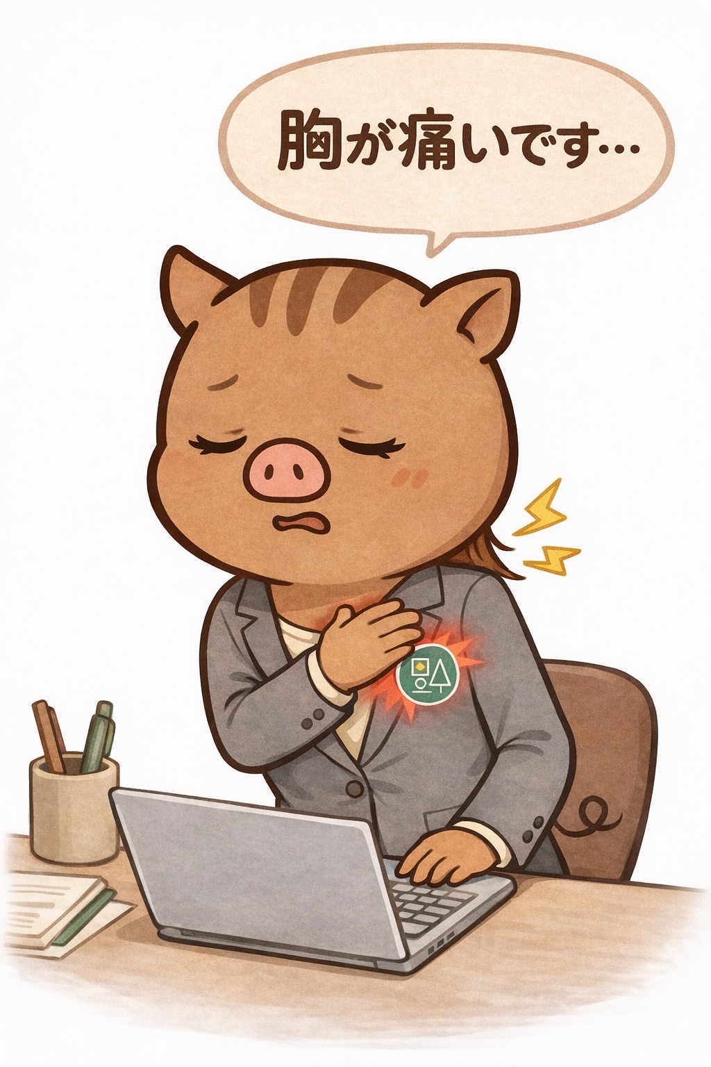 福本医院の公式キャラクターいのねえがデスクワーク中に胸を押さえ、「胸が痛いです」と感じている様子で、肩こりやテキストネックに関連する胸痛のイメージ