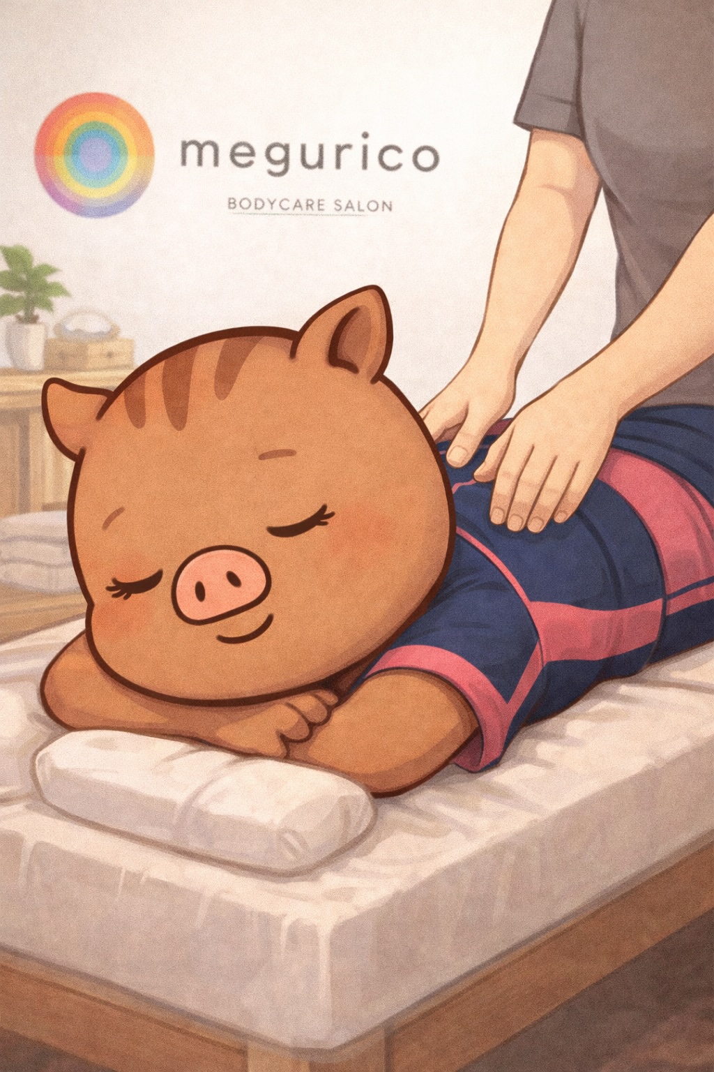 福本医院の公式キャラクターいのねえが整体院でうつ伏せになり、スポーツウェア姿で肩のマッサージを受けている様子