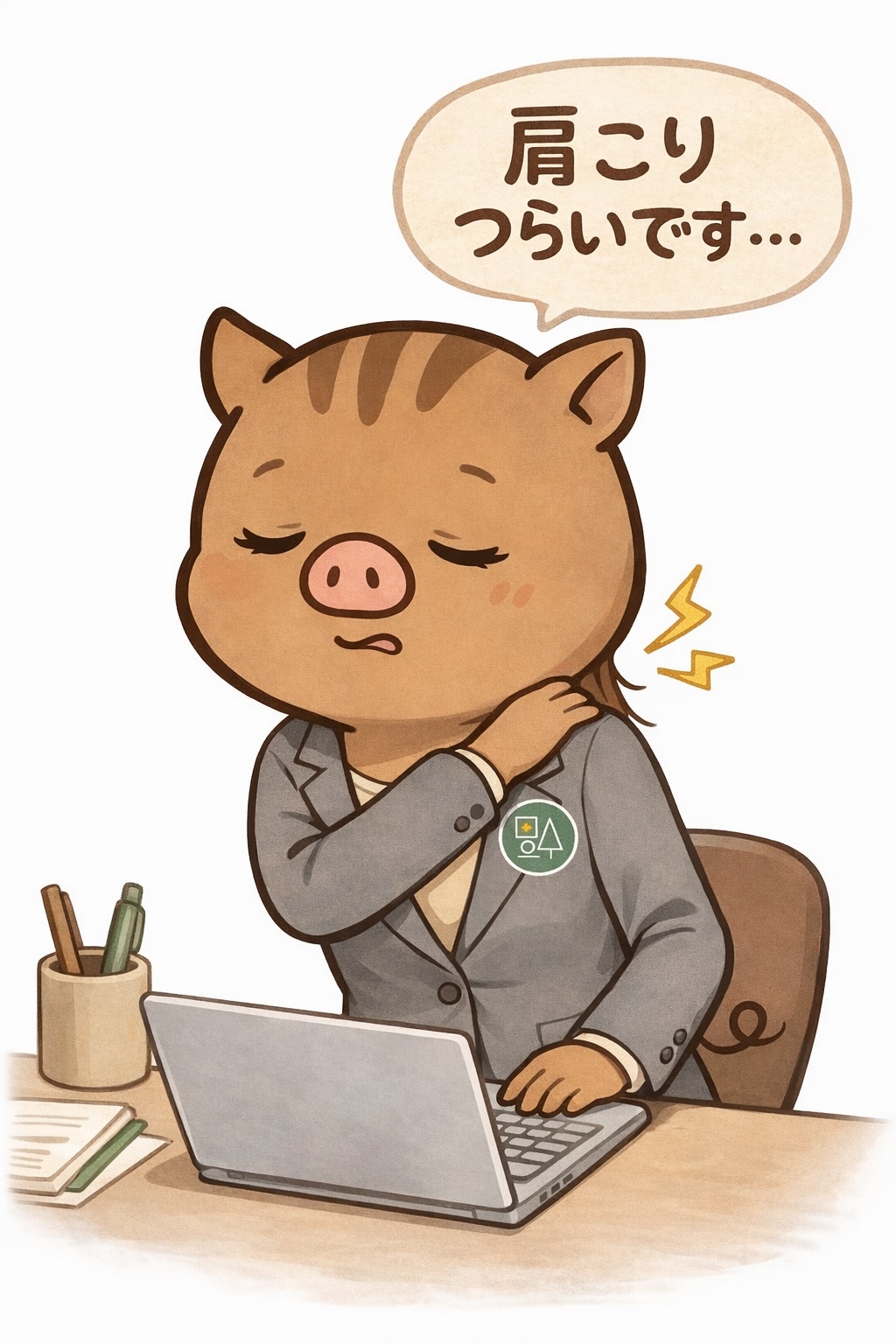 福本医院の公式キャラクター「いのねえ」がパソコン作業中に前かがみ姿勢となり、首や肩に負担がかかっている様子