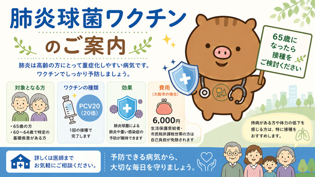 肺炎球菌ワクチン（PCV20）の案内ポスター。65歳以上の高齢者を対象に、効果・対象・費用（大阪市6000円）を分かりやすく説明し、医師キャラクターが接種を呼びかけているイラスト。
