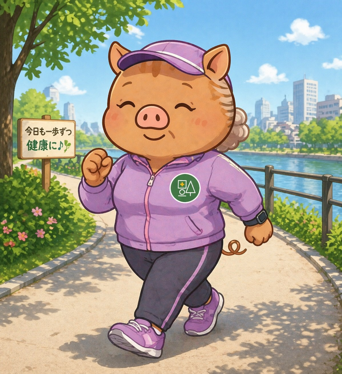 いのばあがスポーツウエアを着て公園でウォーキングしているイラスト
