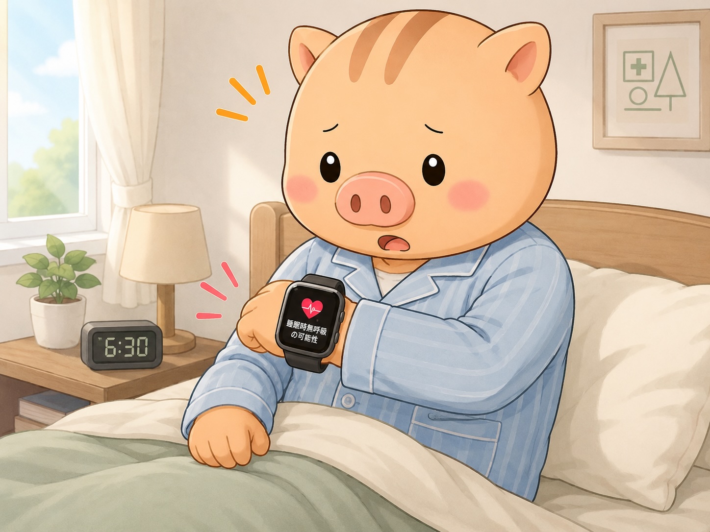 起床したいのぱぱが、ベッドの上で左手首のスマートウォッチを確認すると、「睡眠時無呼吸の可能性」と表示されている様子を描いた福本医院オリジナルキャラクターのイラスト。