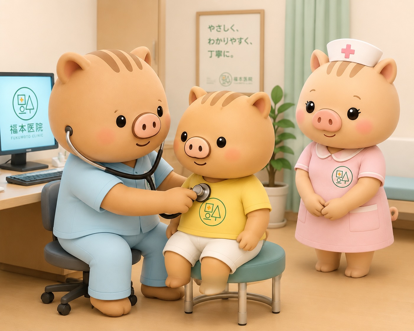 診察室でふくぼ先生がいのっちの胸に聴診器を当てて診察し、リリー看護師がそばで優しく見守っている福本医院の3Dイラスト