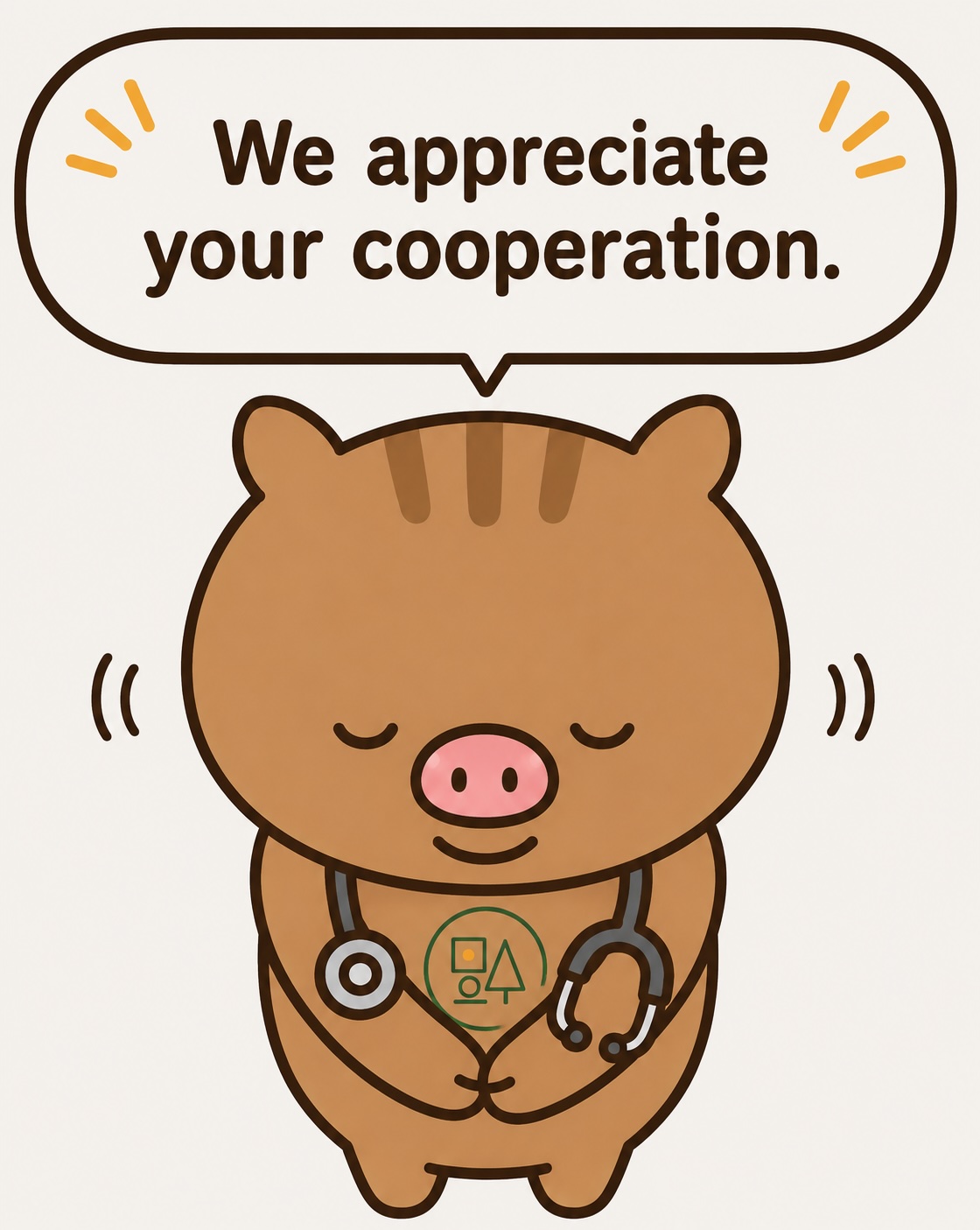 お辞儀をしながら「We appreciate your cooperation.」と英語で案内する、聴診器をつけた福本医院キャラクター「ふくぼ先生」のイラスト