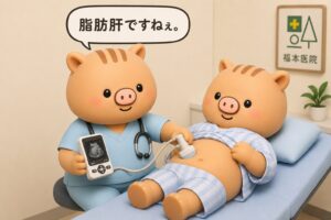 福本医院のふくぼ先生が、小型ポケットエコーを使用して、病衣姿でベッドに横になったいのぱぱのお腹を腹部エコー検査している3Dイラスト。「脂肪肝ですねぇ」という吹き出し付き。