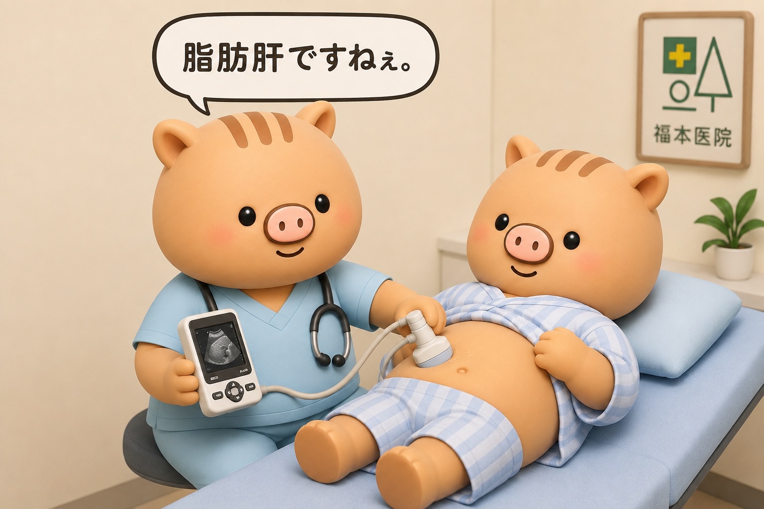 福本医院のふくぼ先生が、小型ポケットエコーを使用して、病衣姿でベッドに横になったいのぱぱのお腹を腹部エコー検査している3Dイラスト。「脂肪肝ですねぇ」という吹き出し付き。