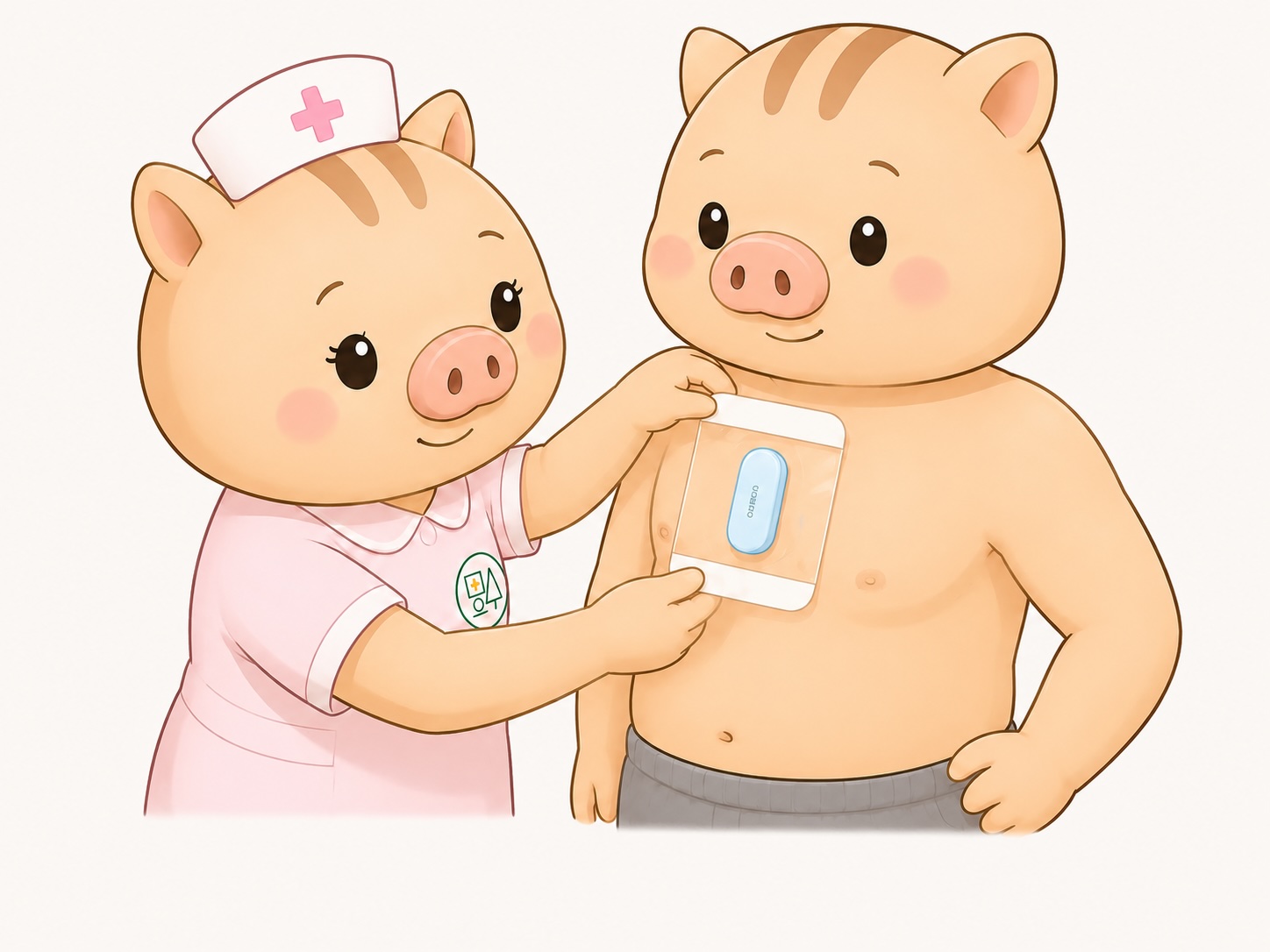 リリー看護師が、上半身裸のいのぱぱの胸にOMRON Heartnoteを装着し、防水フィルムを貼っている様子を描いた福本医院オリジナルキャラクターのイラスト。