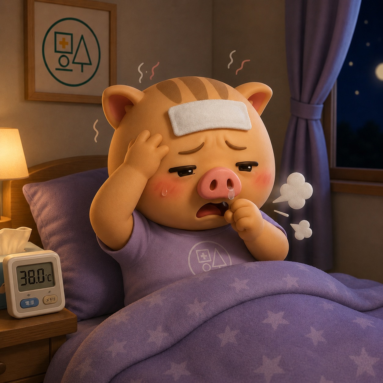 38℃の発熱と咳に苦しむ福本医院公式キャラクター「いのっち」。夜の寝室でベッドに横になりながら咳き込み、額には冷却シート、少量の鼻水と発熱による倦怠感がみられる3Dイラスト。夜間に悪化する咳や気管支炎をイメージした場面。