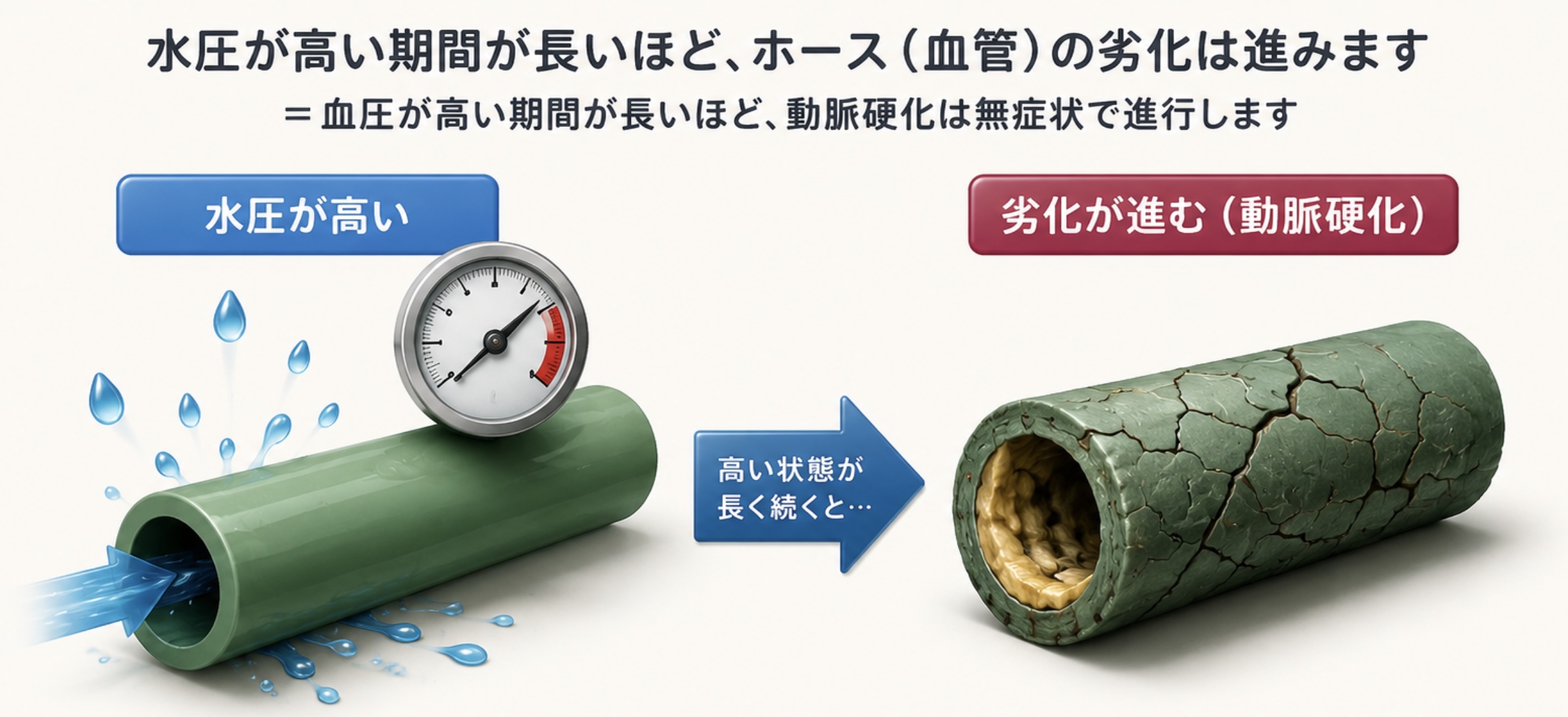高血圧によって血管が劣化していく様子を、ゴムホースの老化に例えて説明したイラスト。高い水圧が長期間続くことでホースに亀裂が入り、動脈硬化が進行する様子を表現。