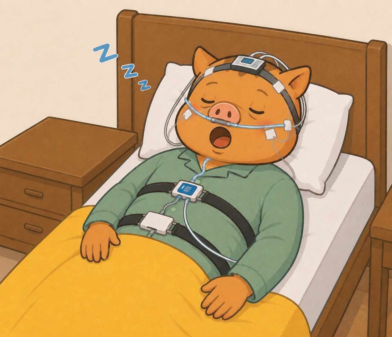 自宅のベッドで精密PSG検査（睡眠ポリグラフ検査）を受けながら、いびきをかいて眠る「いのぱぱ」のイラスト。頭部・胸部・鼻にセンサーを装着し、睡眠時無呼吸症候群の検査をしている様子。