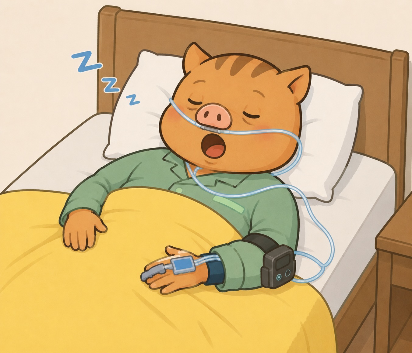 自宅のベッドで簡易PSG検査（簡易睡眠時無呼吸検査）を受けながら、いびきをかいて眠っている「いのぱぱ」のイラスト。鼻カニューレと指の酸素センサーを装着している。