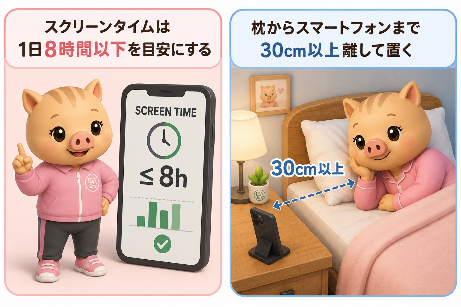 いのねえがスマートフォンの使用時間を1日8時間以下に抑え、就寝時は枕から30cm以上離して置くデジタルデトックスのポイントを紹介するイラスト