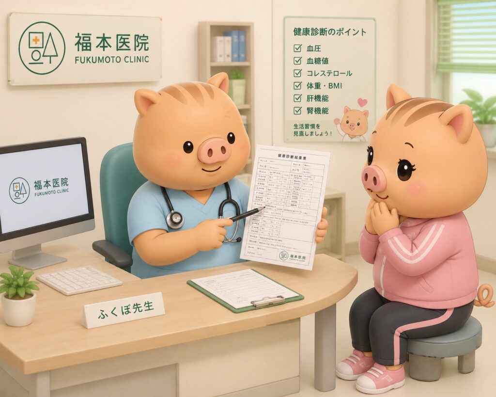 福本医院の診察室で、いのねえが健診結果票を見ながら、ふくぼ先生から健康診断結果の説明を受けているイラスト。血圧・コレステロール・血糖値・肝機能・腎機能などの健診項目について相談している様子。
