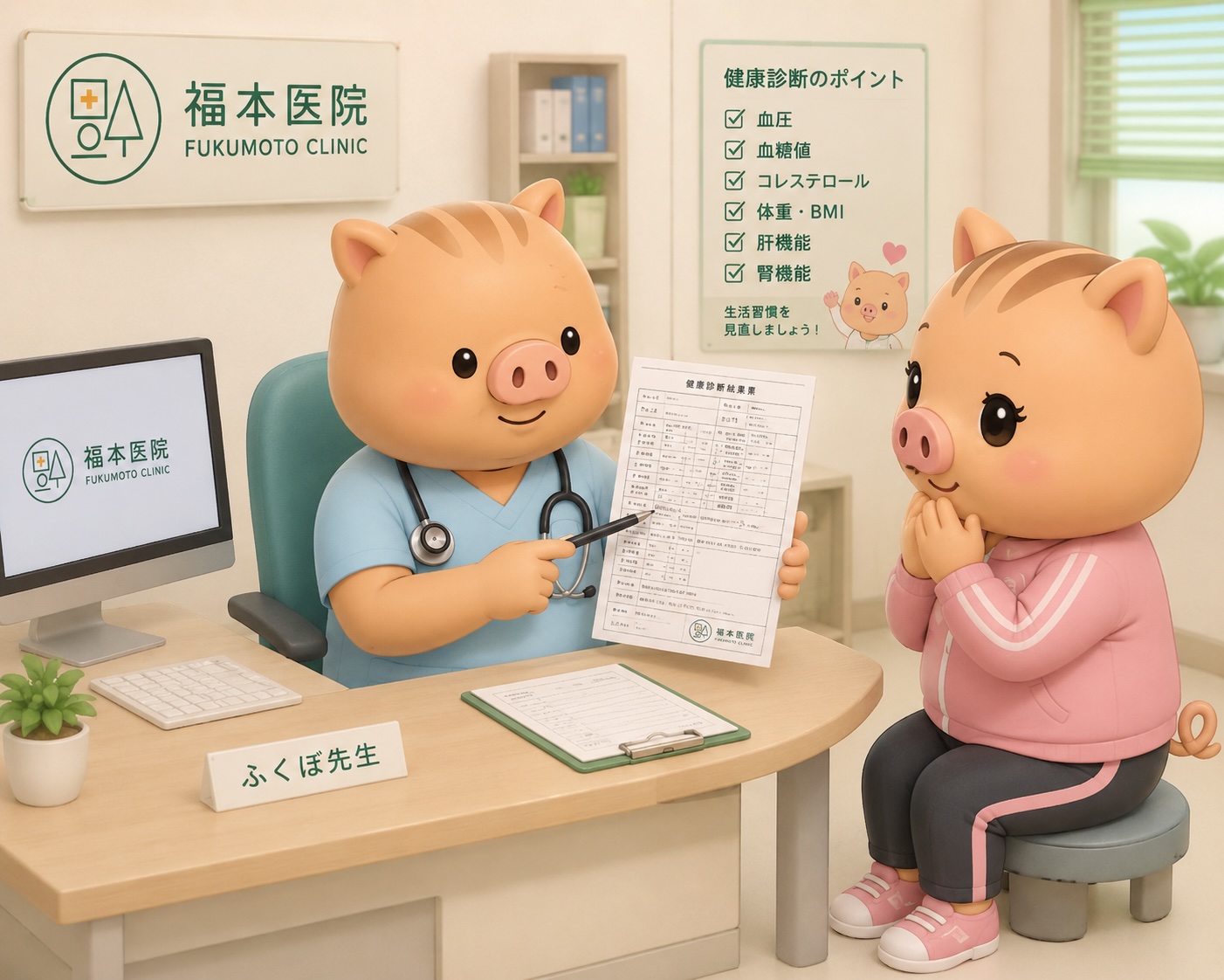 福本医院の診察室で、いのねえが健診結果票を見ながら、ふくぼ先生から健康診断結果の説明を受けているイラスト。血圧・コレステロール・血糖値・肝機能・腎機能などの健診項目について相談している様子。